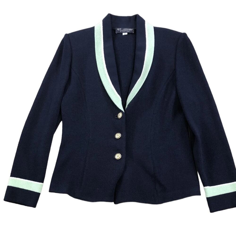 St. John By Marie Gray Santana Knit Shawl Collar Jacket Blazer Navy Size 4 - Picture 3 of 8